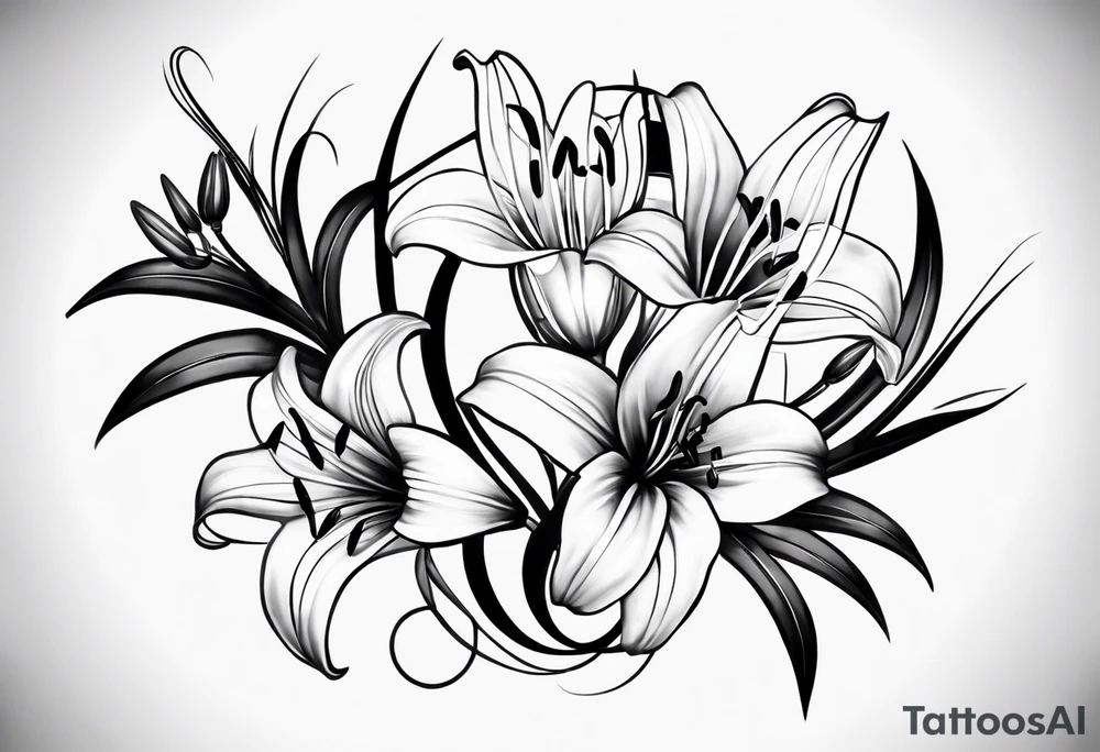 I'm looking for a tattoo design featuring tiger lilies with the initials 'SAC' incorporated into the stems. I envision a black and white style, sleek and minimalist, with clean lines and shading for depth.
Could you recreate this concept with your artistic touch? tattoo idea