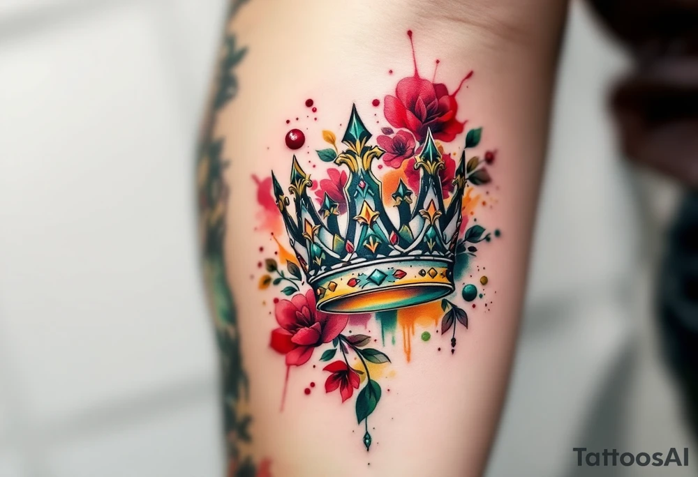 Traditional-style crown tattoos with bold red, green, and yellow ink and thick outlines. tattoo idea