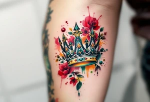 Traditional-style crown tattoos with bold red, green, and yellow ink and thick outlines. tattoo idea