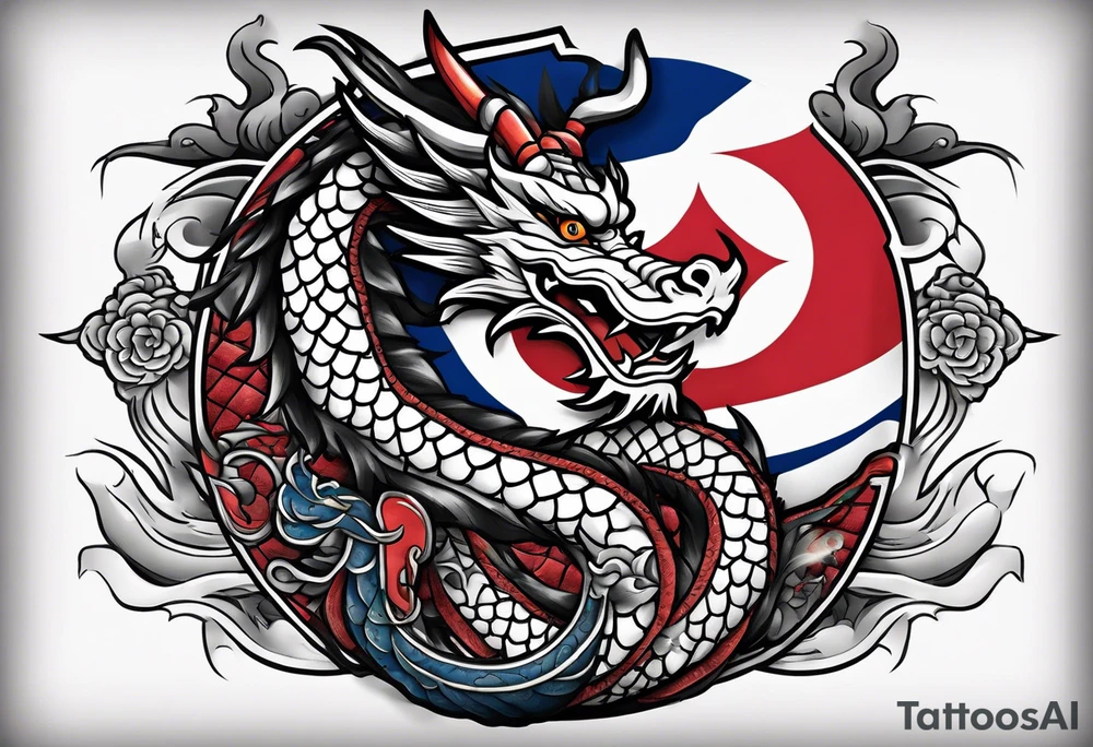 Asian dragon wrapping around an anchor centered on the Korean flag tattoo idea