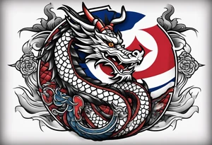 Asian dragon wrapping around an anchor centered on the Korean flag tattoo idea