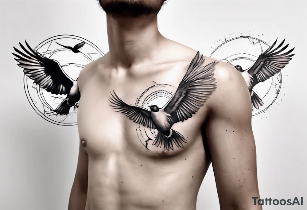 shoulder tattoo with light rays with birds flying free among the clouds, round shape, 3d effect tattoo idea