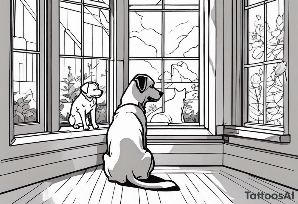 dog and cat sitting on floor and looking out octagonal window together
american traditional style tattoo idea