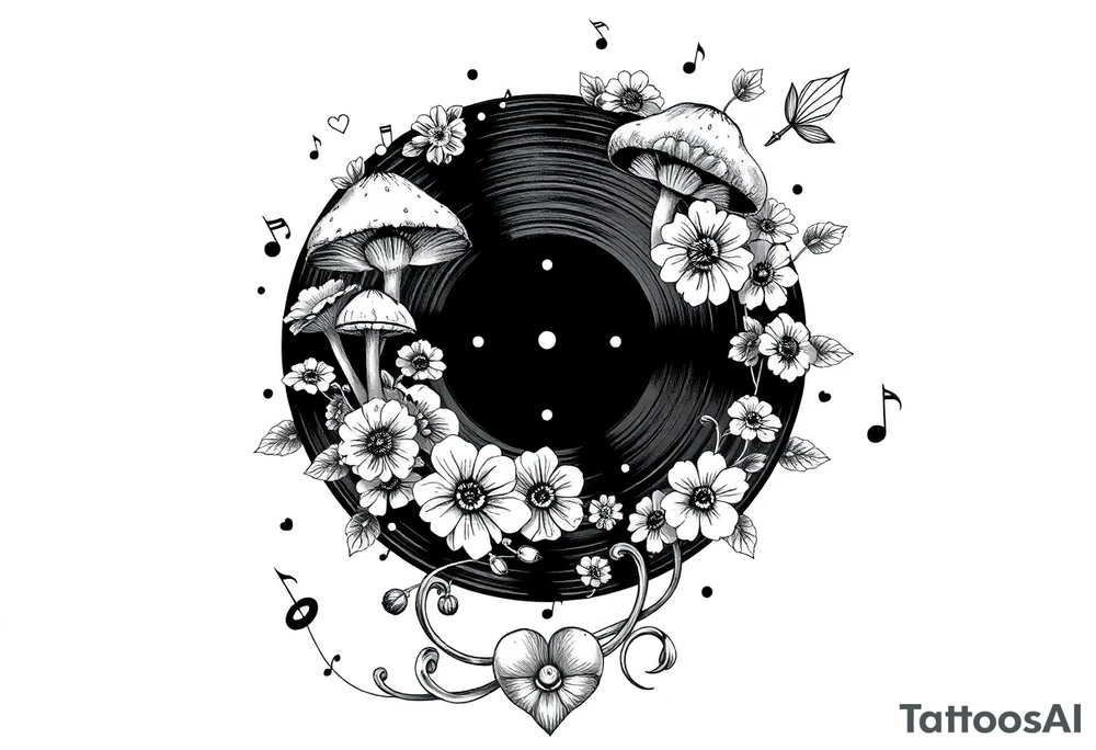 vinyl record with mushrooms, flowers, hearts, and music notes tattoo idea