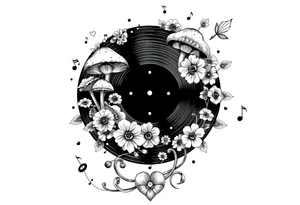 vinyl record with mushrooms, flowers, hearts, and music notes tattoo idea