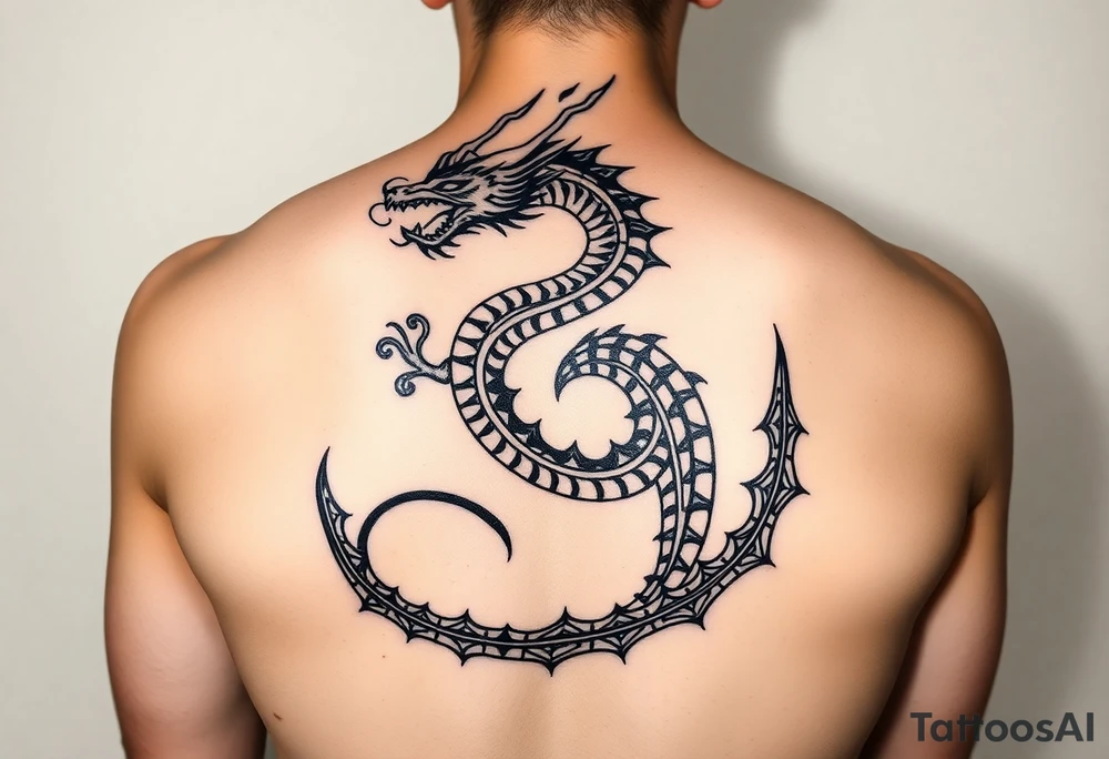 A bold, full-back tribal dragon tattoo in black ink, coiled in an S-shape or spirals across the upper back. The design uses sharp, flowing lines, spines, and flame-like patterns to create an aggressive yet balanced aesthetic. The dragon appears fierce and protective, symbolizing power, transformation, and resilience. incorporating Amazigh (Berber) symbols for strength, freedom, and identity. The design should reflect themes of transformation, grounding, and soul direction, resonating with a journey of inner rebirth and spiritual embodiment. Style: fine linework, sacred geometry, tribal influence, and dotwork. Ink: black or dark brown. tattoo idea