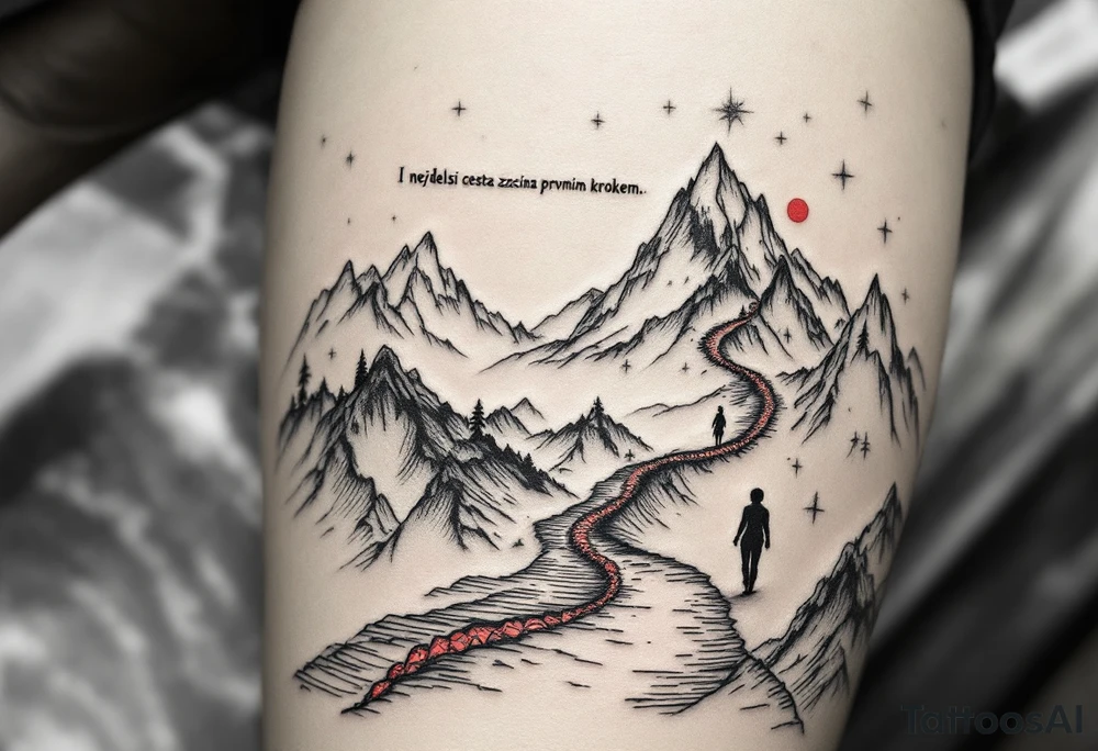 „I nejdelsi cesta zacina prvnim krokem.“ — A winding trail through mountain peaks in soft grays, with a single red bootprint and the proverb „I nejdelsi cesta zacina prvnim krokem.“ written in the sky. tattoo idea