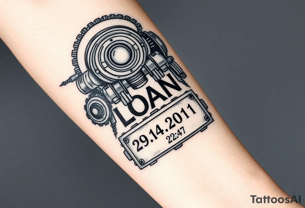 Black and grey tattoo, futuristic mechanical style, gears, pistons, and industrial elements, LOAN vertically centered, date 29.04.2011 at the bottom, time 22:47 engraved on a metal plate. Highly detailed and realistic design, suitable for inner forearm. tattoo idea