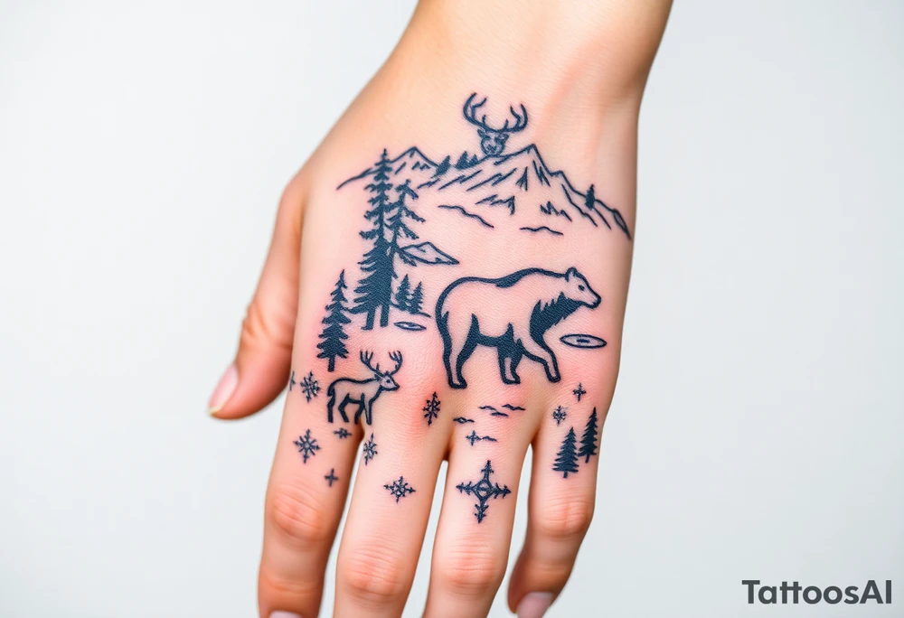 A full-sleeve with the Härjedalen landscape, reindeer, bear, lakes, mountains (Helags), tattoo idea