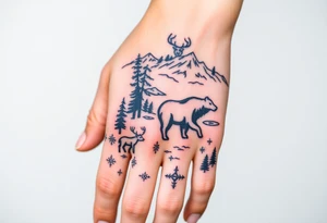 A full-sleeve with the Härjedalen landscape, reindeer, bear, lakes, mountains (Helags), tattoo idea