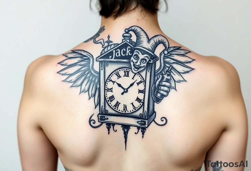 jack in the box
the box as a clock with the time 420
two open wings besides the clock
smoke as the spring rising from the clock
a jester clown coming out the smoke
smoking in one hand with a liquor bottle on the other hand tattoo idea