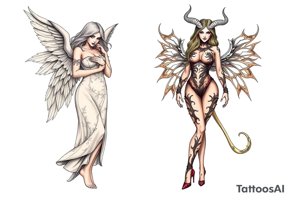 🔥 Dual Tattoo Concept: Angel & Demon – Sexy and Symbolic

Left Side – Angel (Engelin):
A sensual, barefoot angelic woman with soft, flowing hair and serene, open eyes gazes downward with calm strength. Her wings are large, feathered, and gracefully arched. She wears an elegant gown made of delicate, nature-like textures, blending floral and leaf motifs across her bodice and arms. The long dress flows like wind-swept silk, giving a sense of movement and grace. Her posture exudes calm power and divine femininity. She is barefoot, standing lightly as if floating—symbolizing purity, serenity, and grounded spirituality.

Right Side – Demoness (Teufelin):
A striking, seductive demoness with high heels and a confident stance radiates dark power and fierce sensuality. Her body is wrapped in an organic, flame- and thorn-like armor that clings to her form. Her skin appears almost sculpted with dark ornamental patterns. She has sharp horns, long hair, bat-like wings with torn edges, and a long, sinuous tail curling around her leg. Her expression is bold and alluring, eyes closed as if relishing her power. She stands tall in spiked heels, embodying chaos, desire, and strength.

⸻

🌓 Tattoo Style Suggestions:
	•	High-detail black-and-grey realism
	•	Placement: back piece, thighs, or dual shoulder blades
	•	Themes: Good vs Evil, Light vs Dark, Feminine Duality, Temptation vs Grace tattoo idea