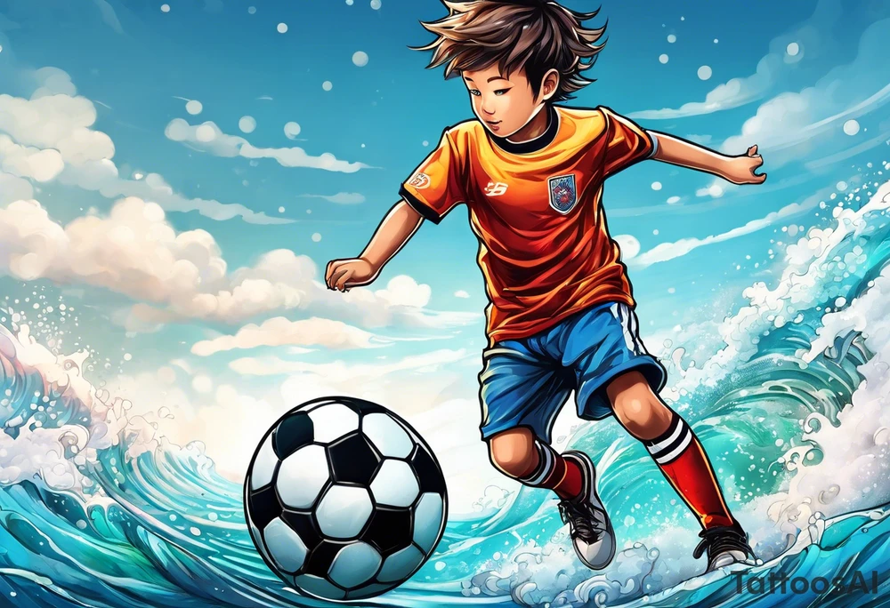 kid playing soccer in ocean with goal post tattoo idea