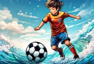 kid playing soccer in ocean with goal post tattoo idea