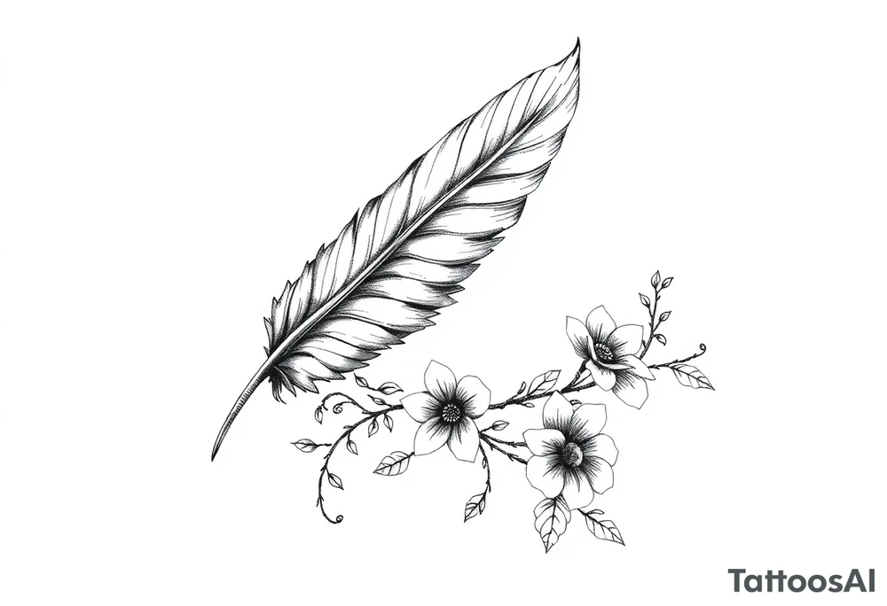 Feather with flowing vine and flower tattoo idea