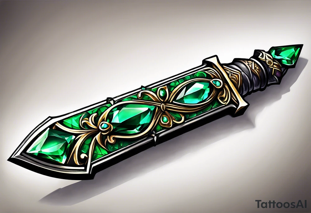 An athame dagger with the hilt turned upward and emerald gemstones tattoo idea
