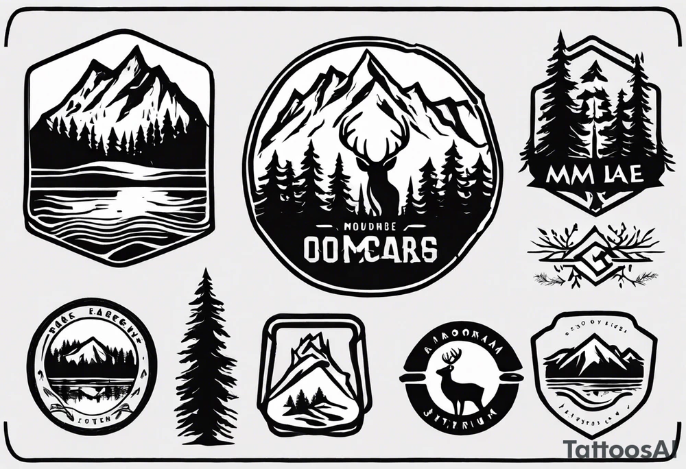 A logo for an outdoors company that includes an "S" and an "M". Includes a mountain, a lake, some trees, and a deer tattoo idea