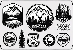 A logo for an outdoors company that includes an "S" and an "M". Includes a mountain, a lake, some trees, and a deer tattoo idea