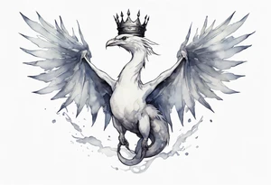 a white bird-wyrm hybrid, wearing a pewter crown on its head, flying in the air tattoo idea