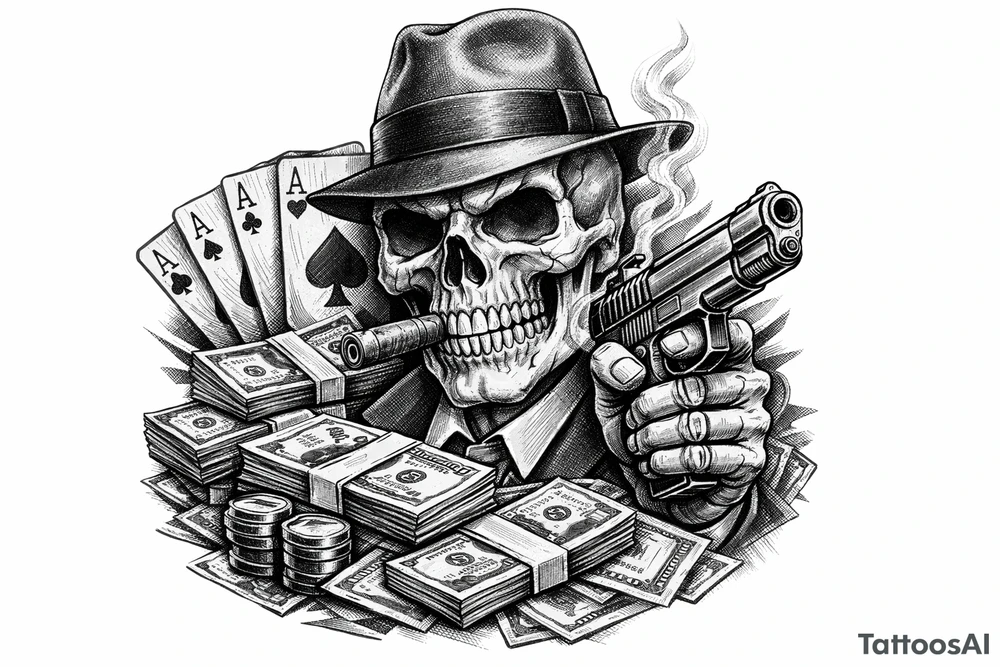 skull with gangster-hat,cigar in his mouth,gun in a hand,playing cards,a lot of money. tattoo idea