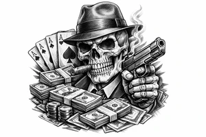 skull with gangster-hat,cigar in his mouth,gun in a hand,playing cards,a lot of money. tattoo idea