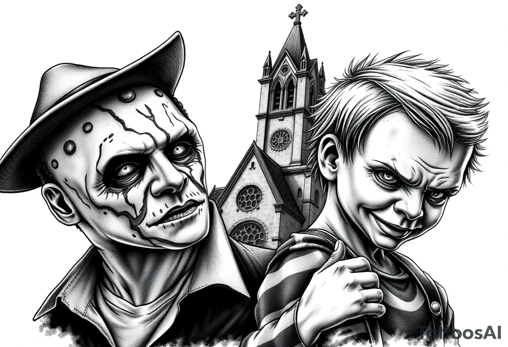 Jason Freddy and chucky looking sinister. An old gothic church is in the back ground. tattoo idea