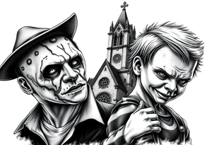 Jason Freddy and chucky looking sinister. An old gothic church is in the back ground. tattoo idea