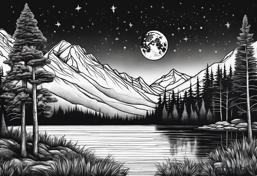 Picture of the moon, trees, lake, mountains and night sky tattoo idea