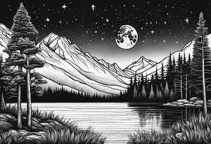 Picture of the moon, trees, lake, mountains and night sky tattoo idea