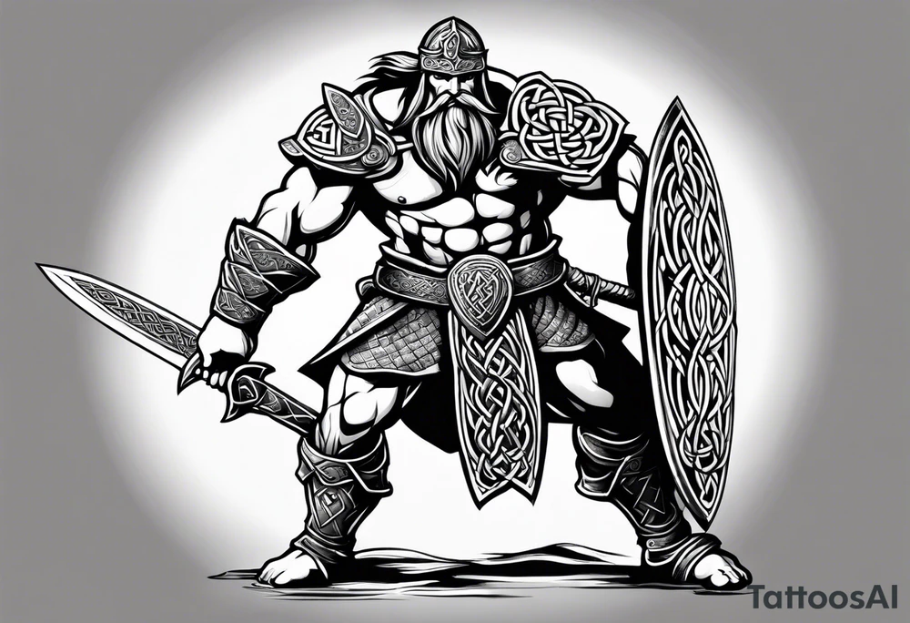 Side full body shot of Celtic warrior with sword and axe. tattoo idea