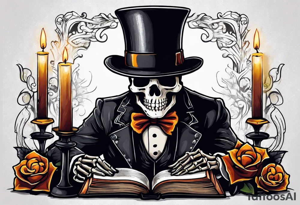 skeleton wearing a top hat reading a holy bible by candle light tattoo idea