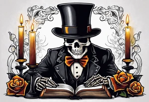 skeleton wearing a top hat reading a holy bible by candle light tattoo idea