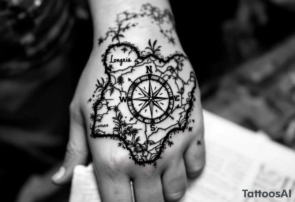 Compass on the back of the palm in the shape of Nigeria with longitude written on the top and latitude written on the bottom. Draw lines from a treasure map connecting from the arm to the tattoo and water waves around the tattoo tattoo idea