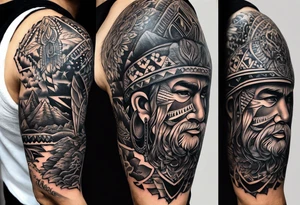 Mexican American inspired that incorporates being a father,  love for family and importance of building wealth. Include elements of the Pacific Northwest Forrest on shoulder tattoo idea