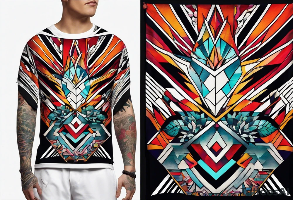 Bold geometric tapestry trident in colour on arm tattoo idea