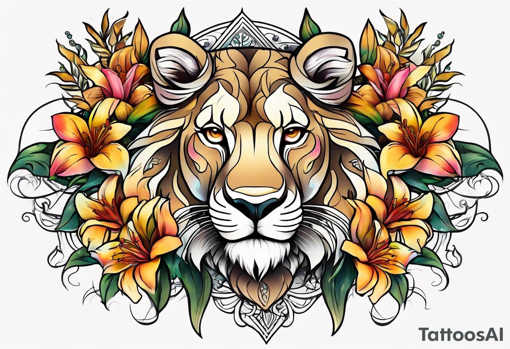 Tribal Lioness with lilies and color all over tattoo idea