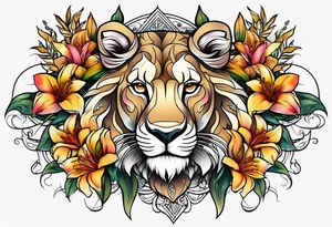 Tribal Lioness with lilies and color all over tattoo idea