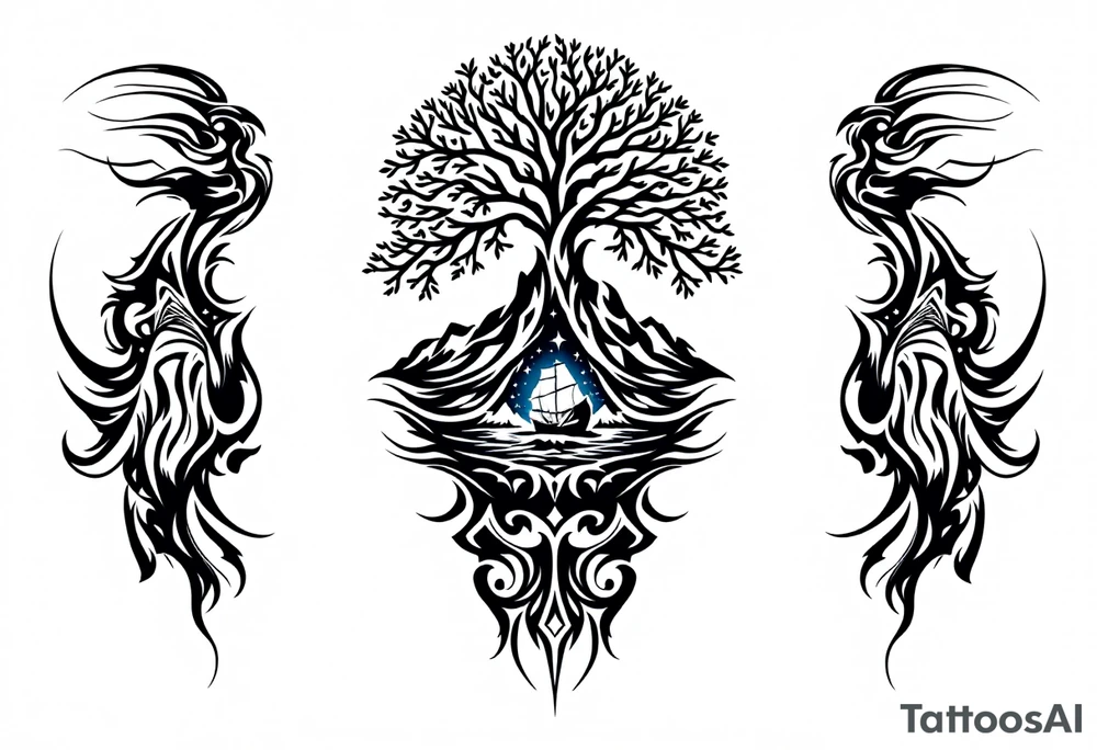 tattoo that has an acacia tree with mountains, ocean with a ship wreck with sharks and the bright northern star tattoo idea