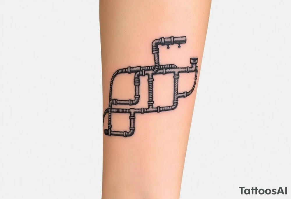 long System of pipes that transitions into veins of forearm. Top pipe starts closer to the elbow tattoo idea