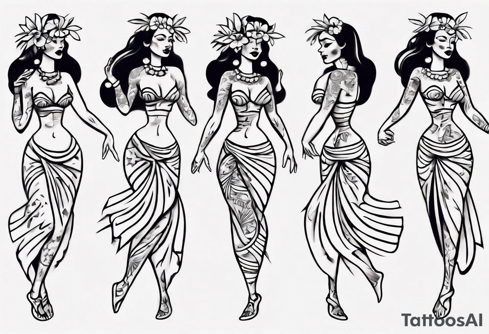 Old School Tattoo Style, Hula Girl dancing, full body, white background --no skin tattoo idea