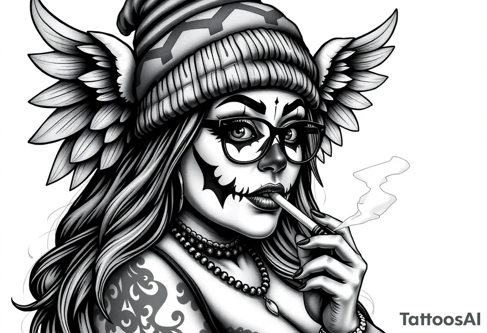 Chicana BBL fat sexy chunky plus size beautiful long hair clown makeup angel wings thug beanie eyeglasses smoking a cigarette tattoo idea