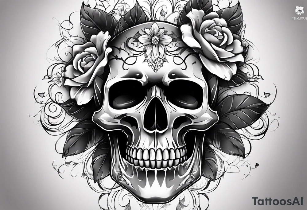 A Skull with blue eyes, smoke around the head and there flowers under the skull tattoo idea
