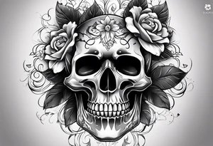 A Skull with blue eyes, smoke around the head and there flowers under the skull tattoo idea