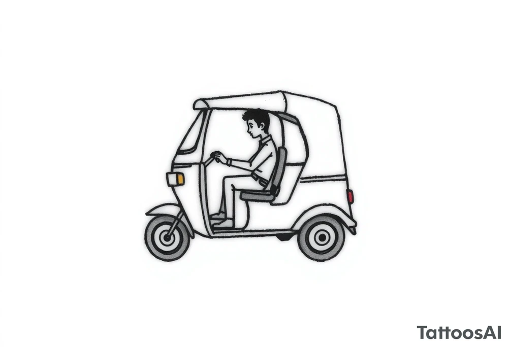 Create a simple tuk tuk. Add a boy in the vehicle. Add a heart to indicate that the boy is in love. tattoo idea