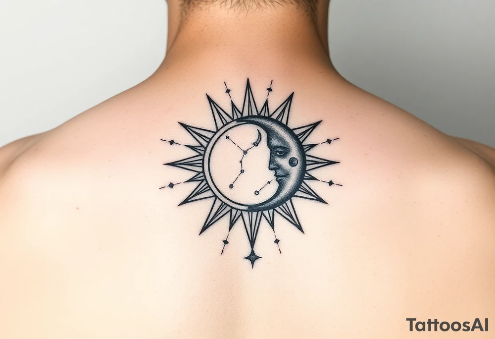 celestial sun and moon embrace with constellation patterns simple tattoo idea