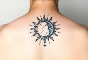 celestial sun and moon embrace with constellation patterns simple tattoo idea