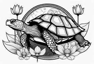 Turtle with lotus flower, moon and an arrow tattoo idea