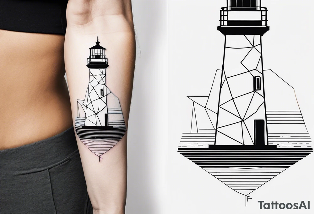 lighthouse in fine line and a bit geometric. Mostly black but the light and the sea are colored. also the sea close to the lighthouse tattoo idea