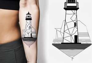 lighthouse in fine line and a bit geometric. Mostly black but the light and the sea are colored. also the sea close to the lighthouse tattoo idea