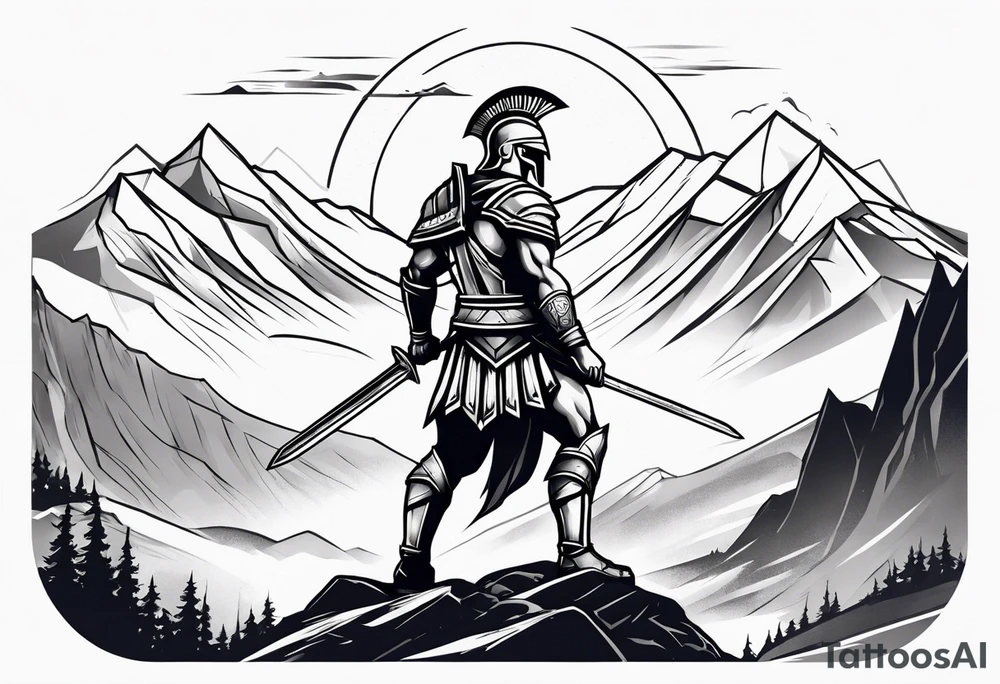 Spartan Warrior Wielding A Sword Surrounded By Mountains Tattoo Idea tattoo idea